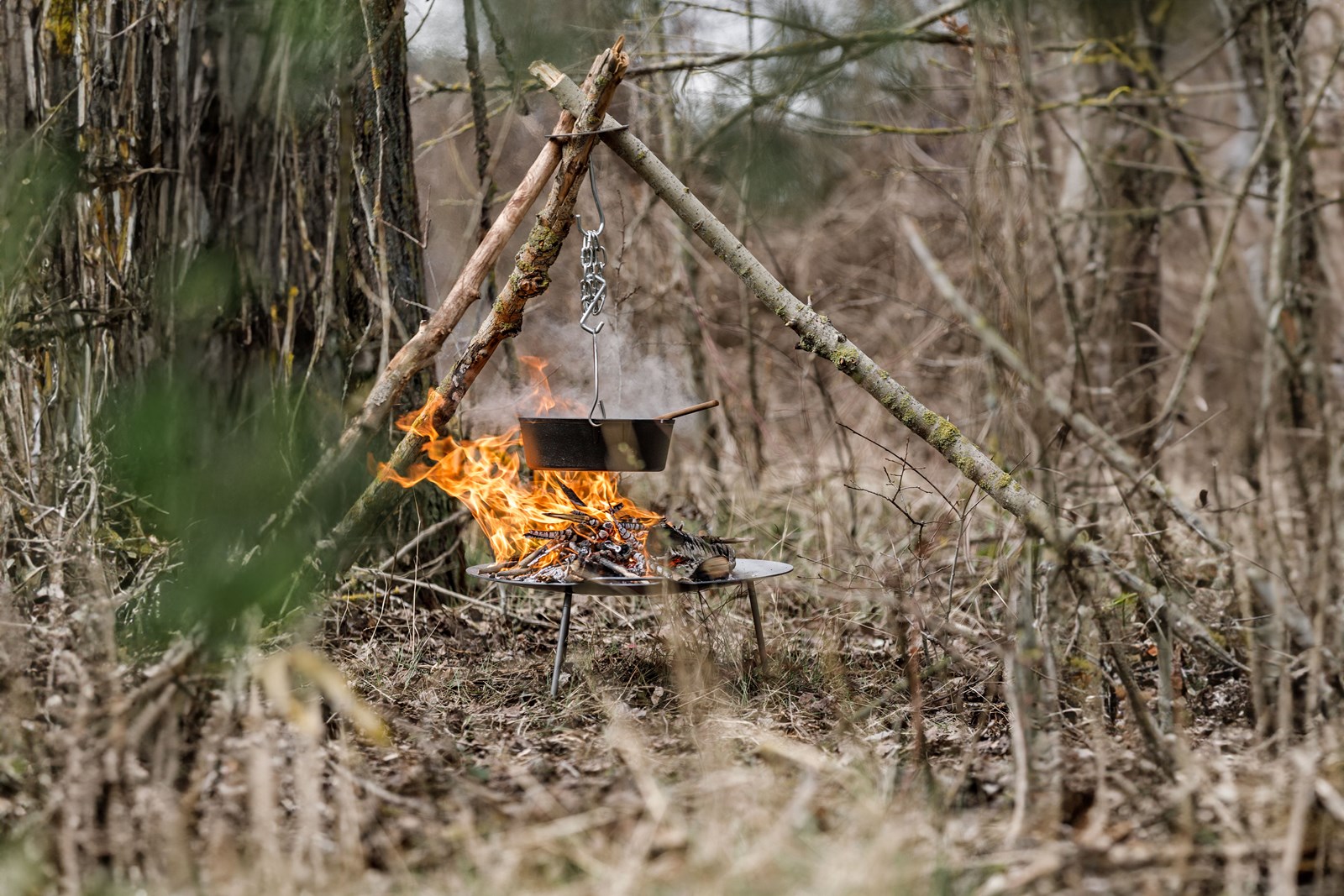 Tripod Lashing med bål i skoven.