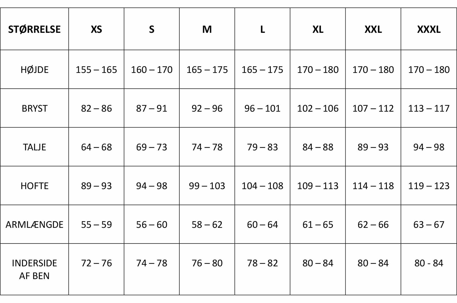 Aclima størrelsesguide til damer