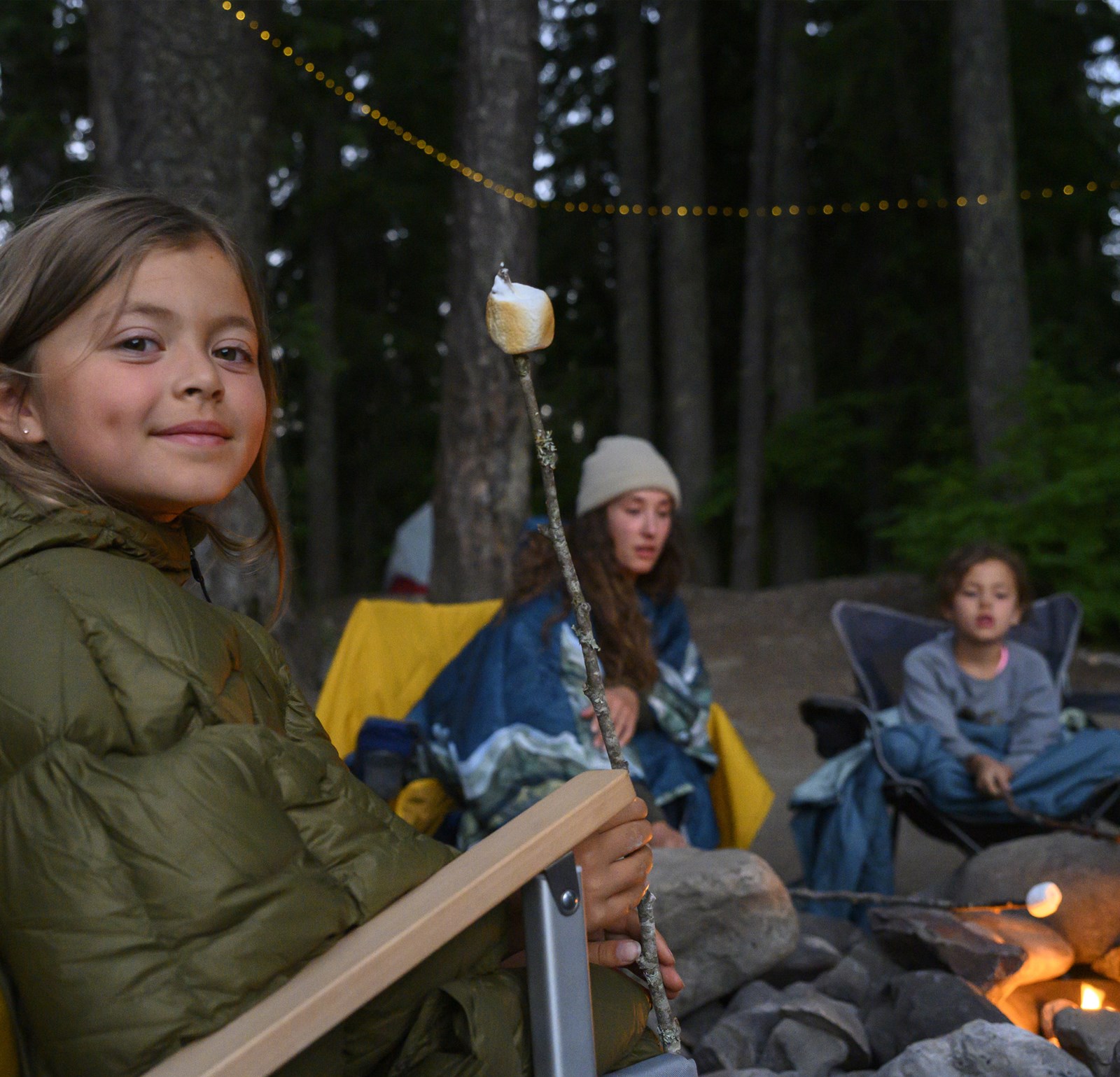 En familie der griller skumfiduser i skoven.