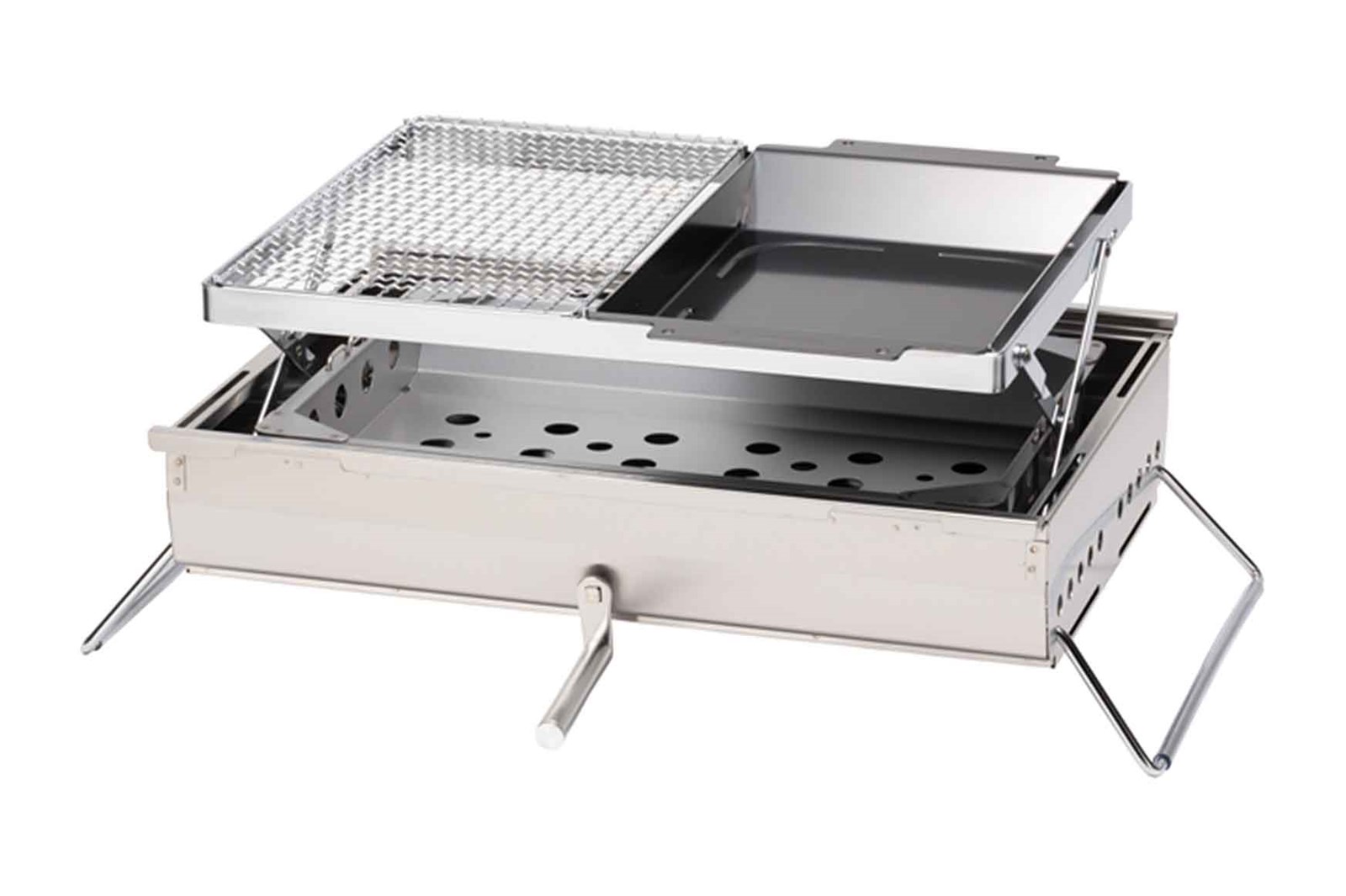 Et produtkbillede af en bbq box med en grillrist og en lille stegeplade.