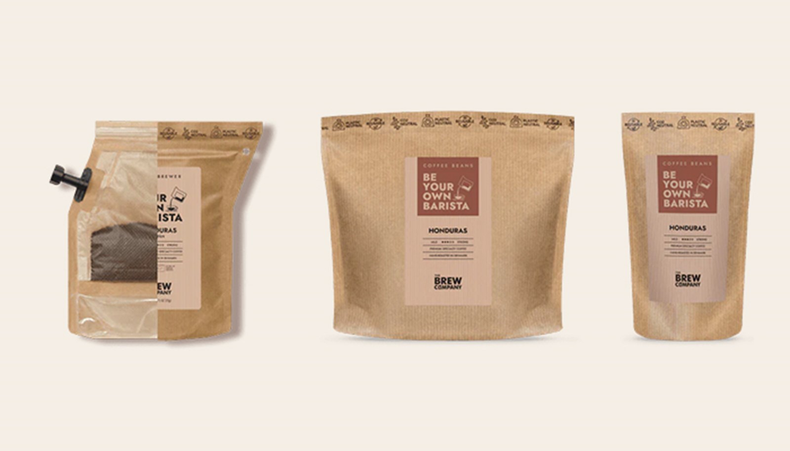 De tre bæredygtige typer emballage fra The Brew Company.