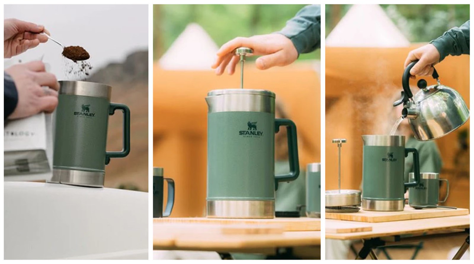 Collage med en outdoor stempelkande i brug.