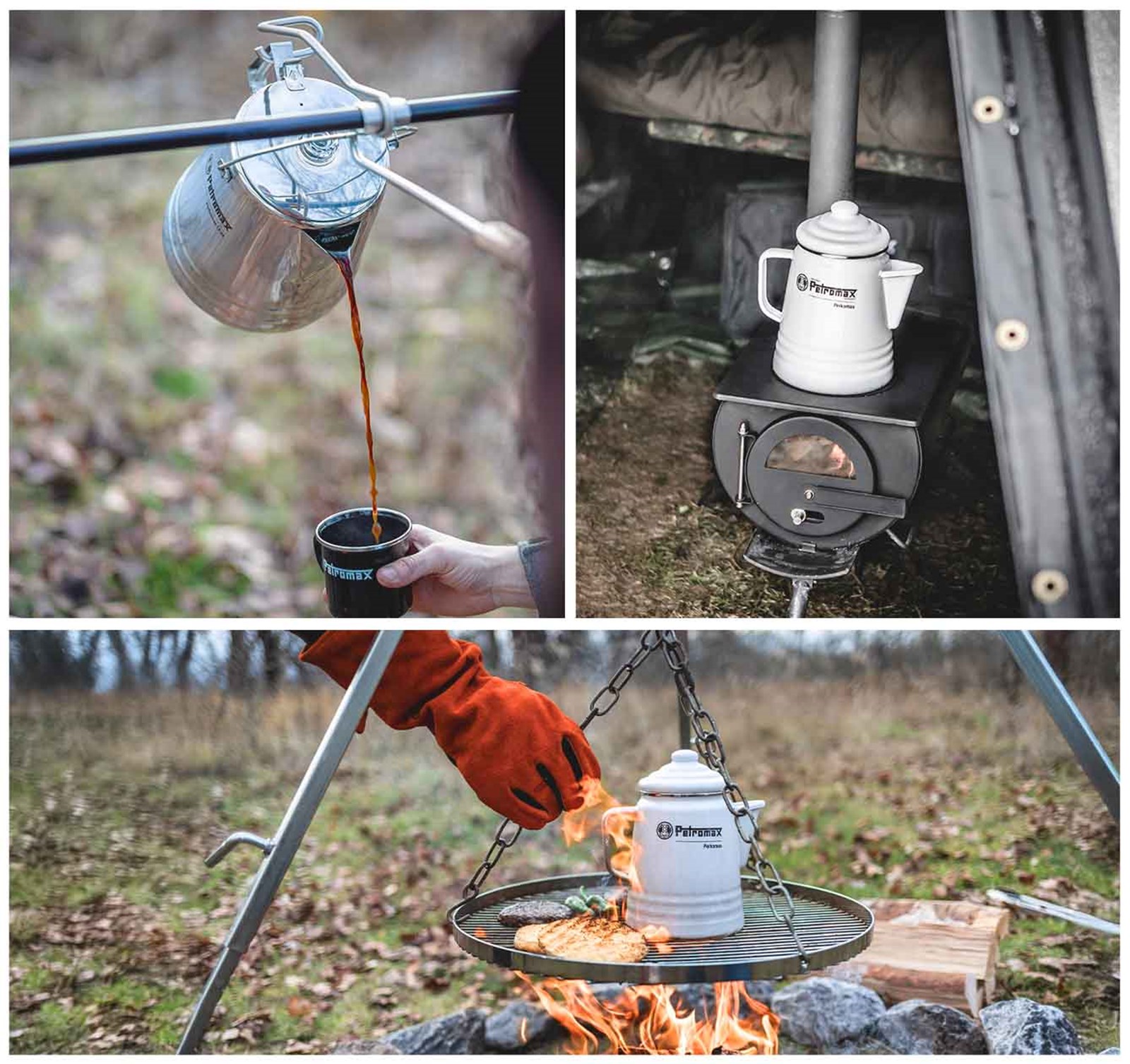 Percolator der brygger kaffe i naturen over bål og på teltovn.
