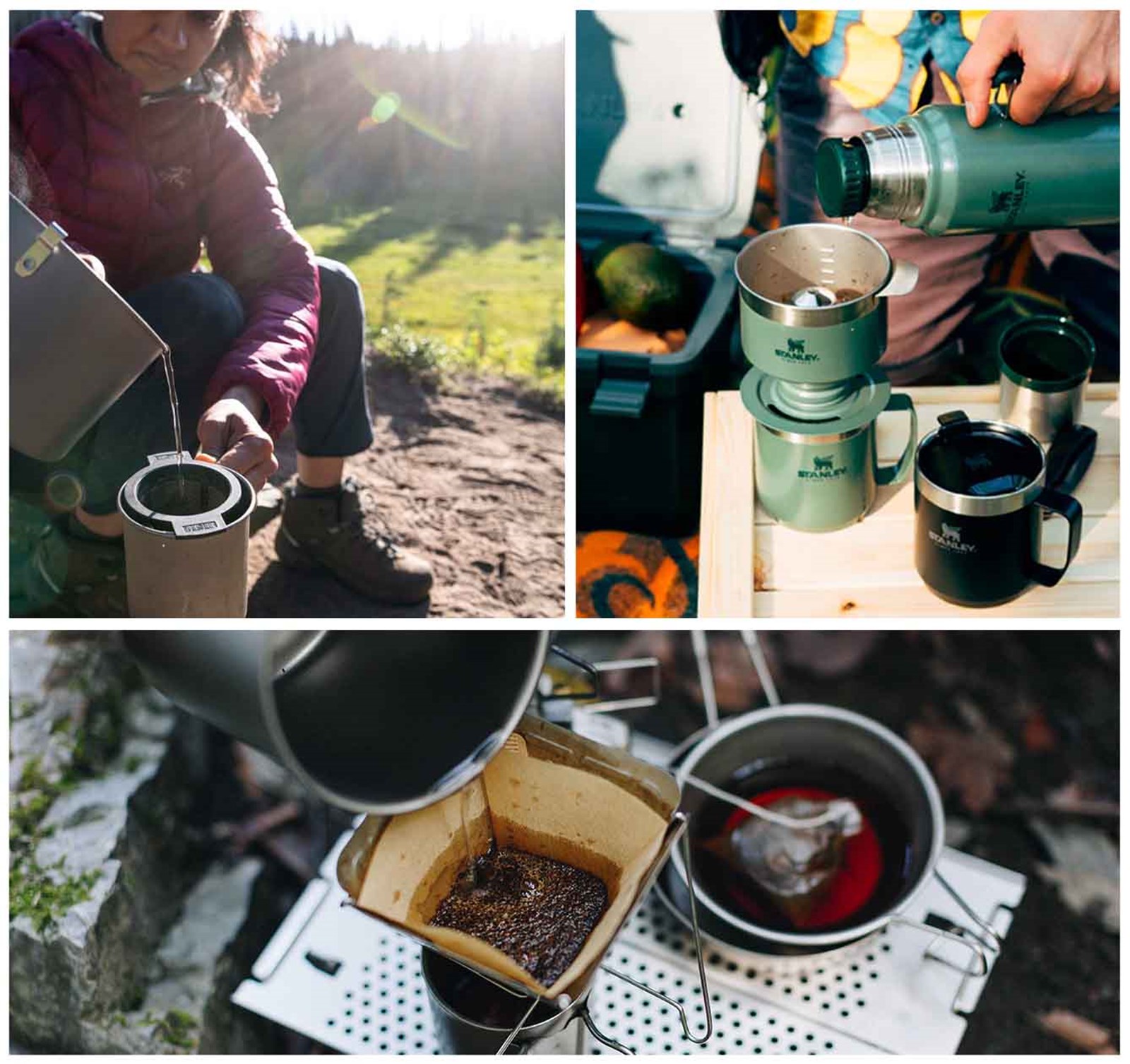 Collage med forskellige pour over bryggere i det fri.