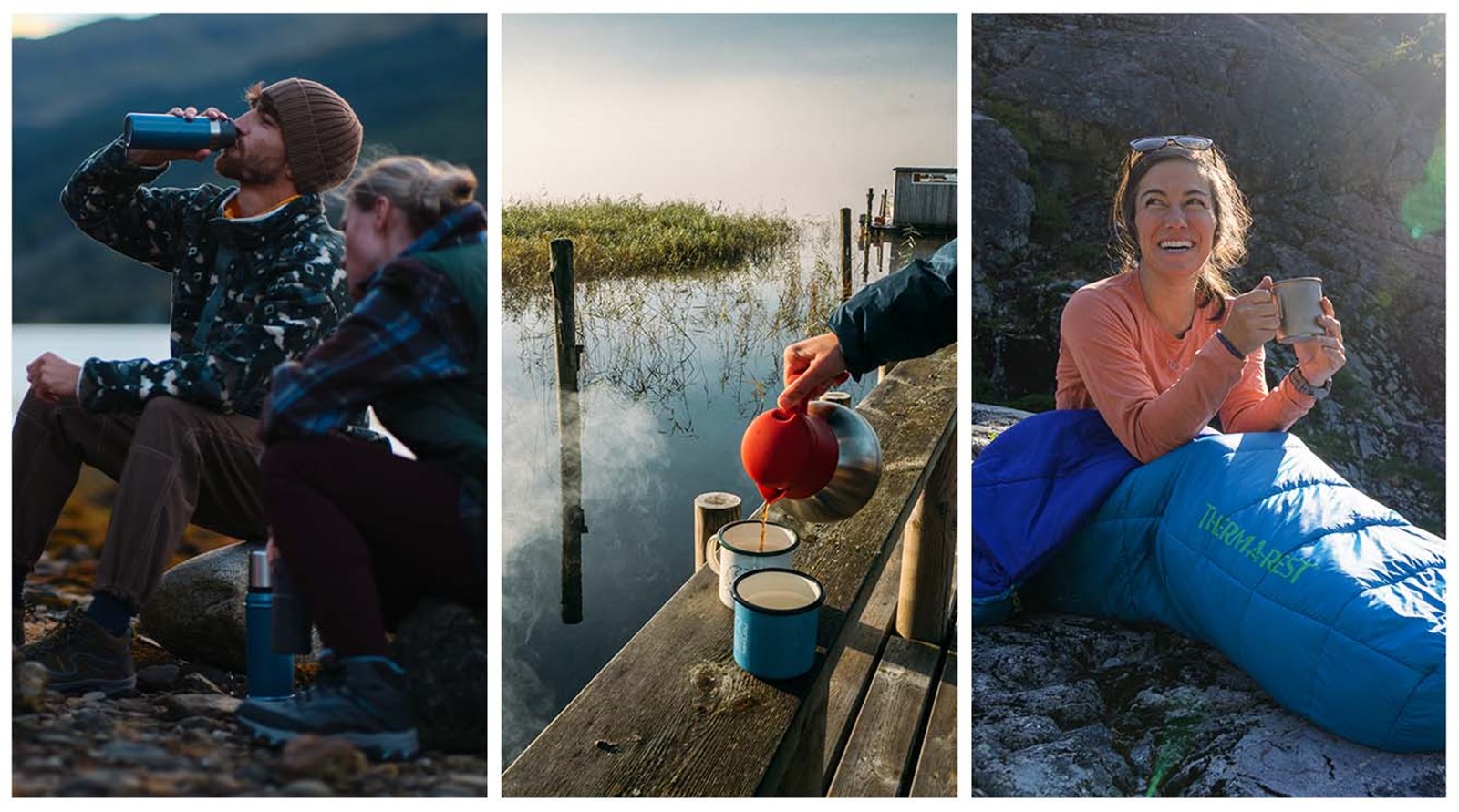 En collage af folk dere drikker en kop kaffe i naturen.