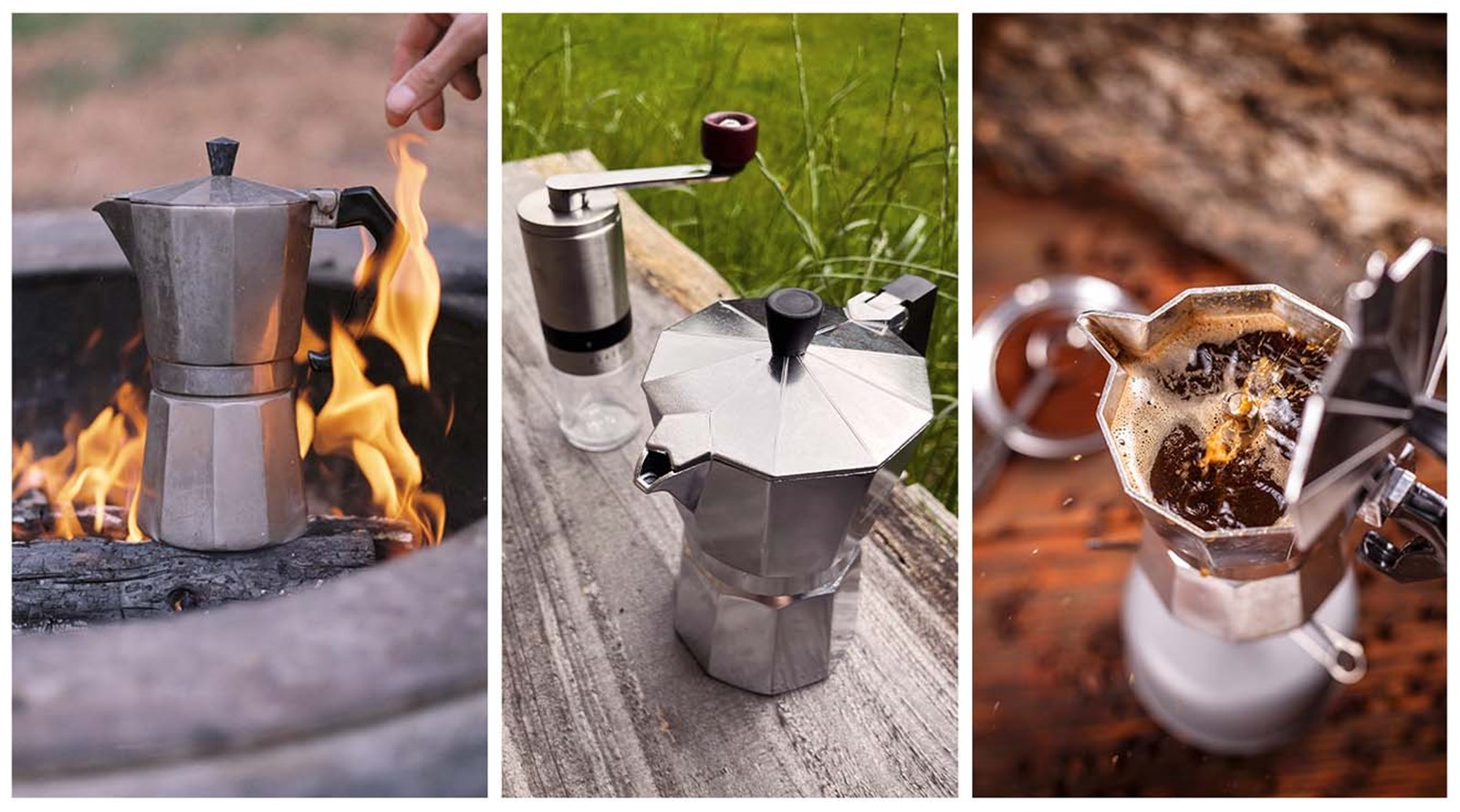 Mokkakande, der brygger kaffe i naturen over bål og på gasblus.