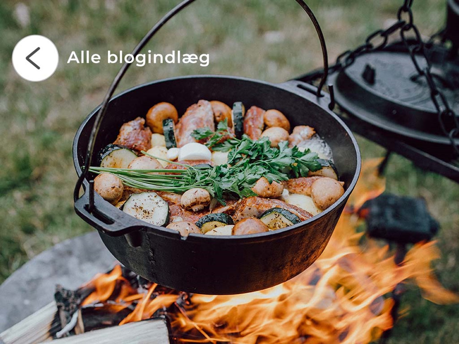 Mad der tilberedes i en dutch oven over mål