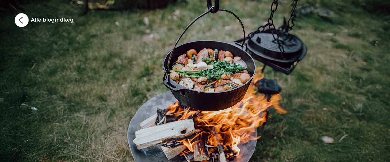 Mad bliver tilberedt i en dutch oven over mål
