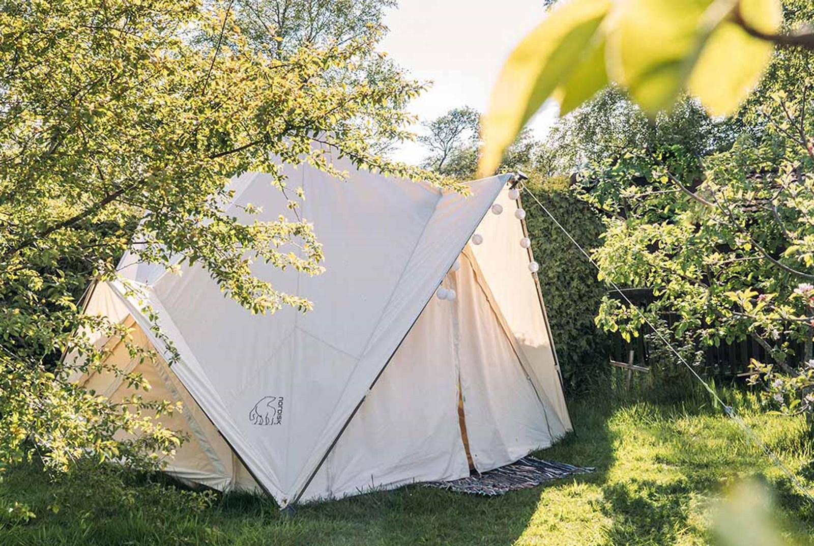 Et bomuldstelt i haven.