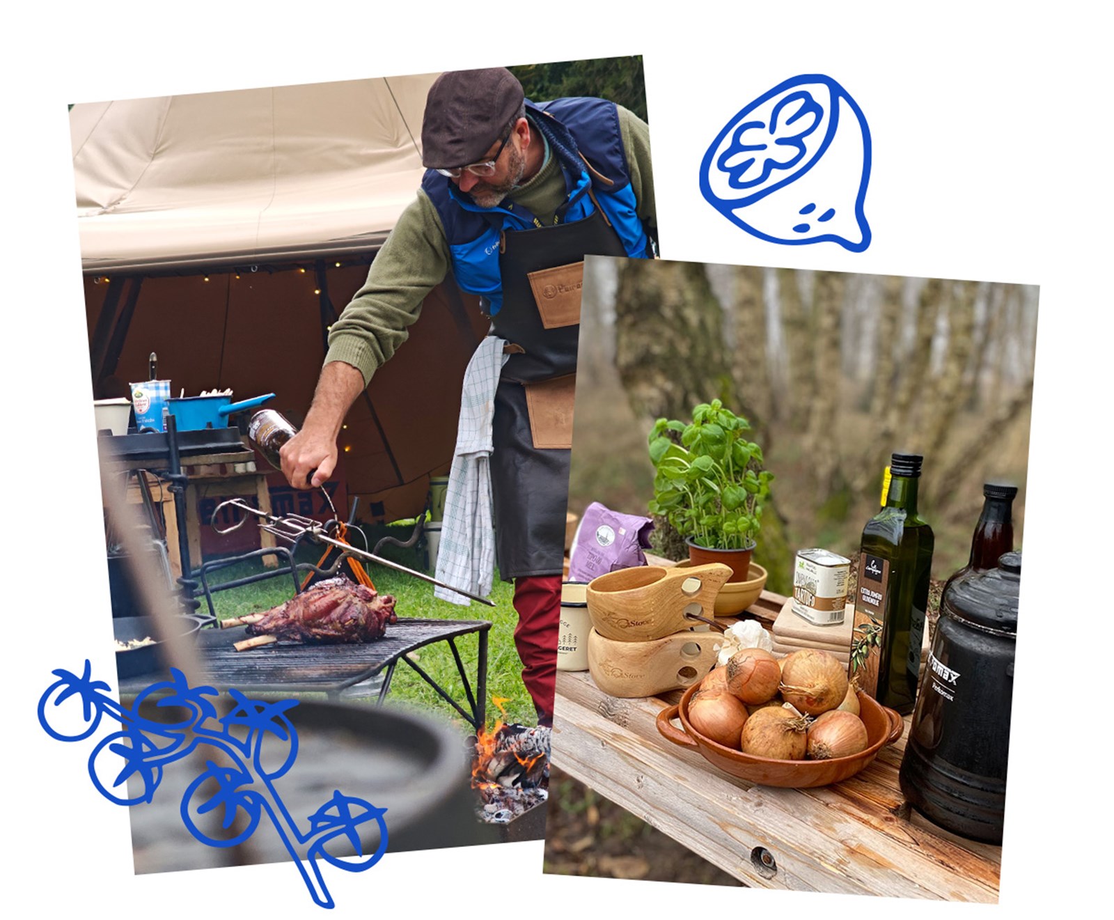 Billede af ingredienser og Ben der laver mad på bål.