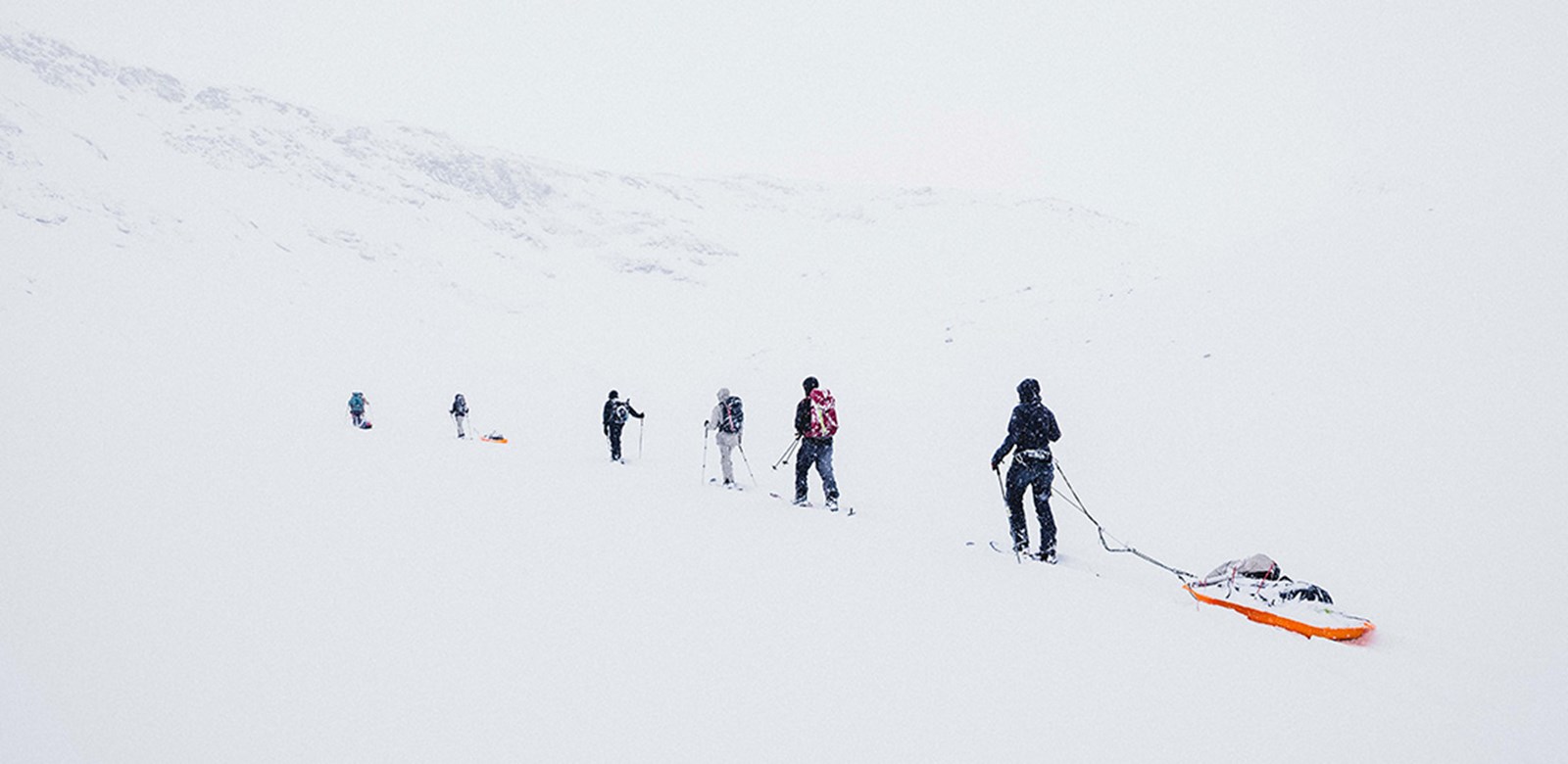 En flok på fjeldski med pulk.
