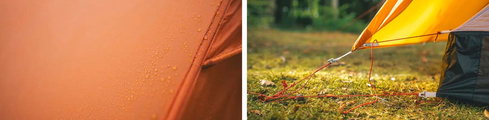 Nærbillede af teltets ydermateriale med regndråber på.