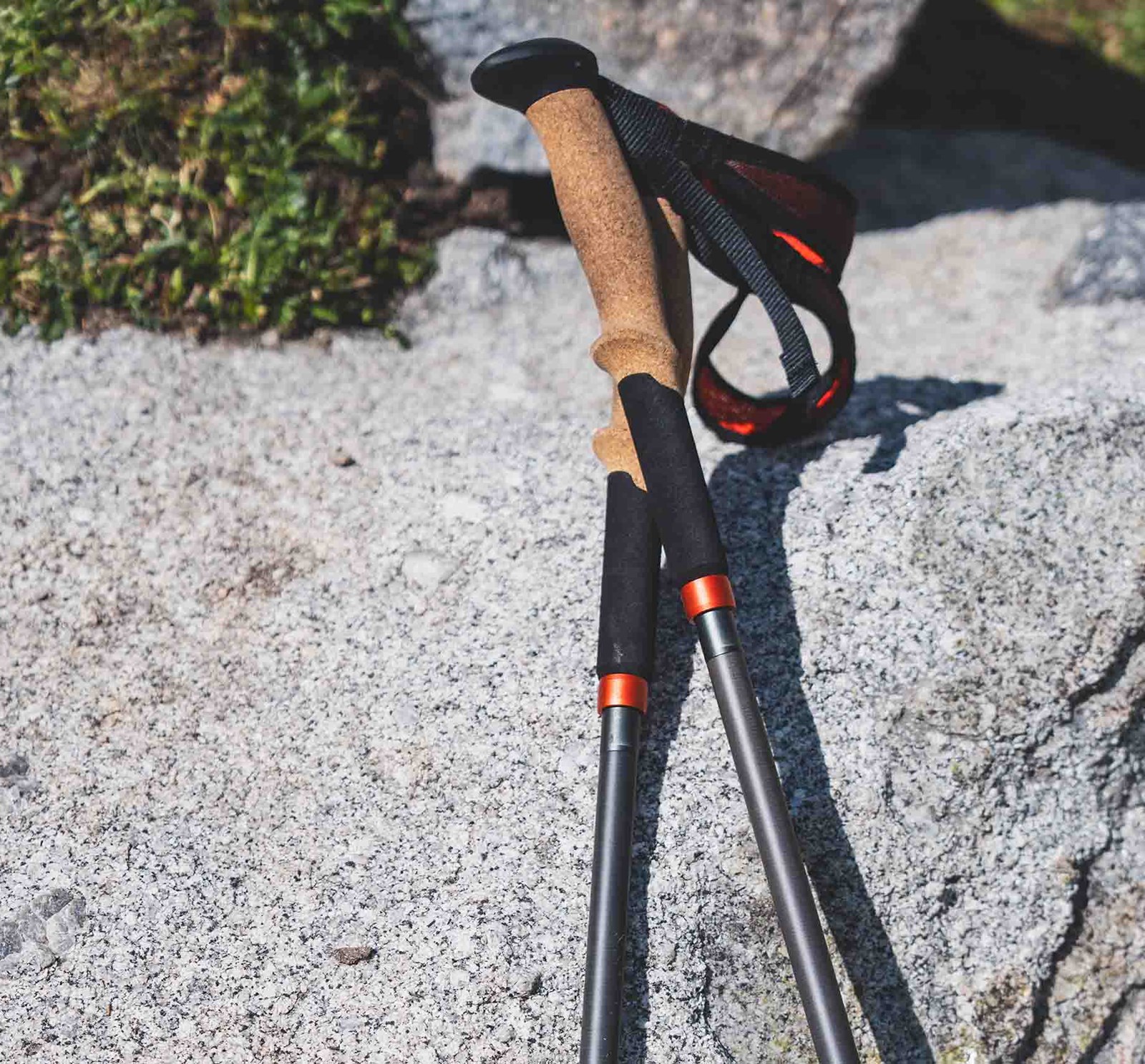 Nærbillede at grebene på en vandrestav med korkgreb.
