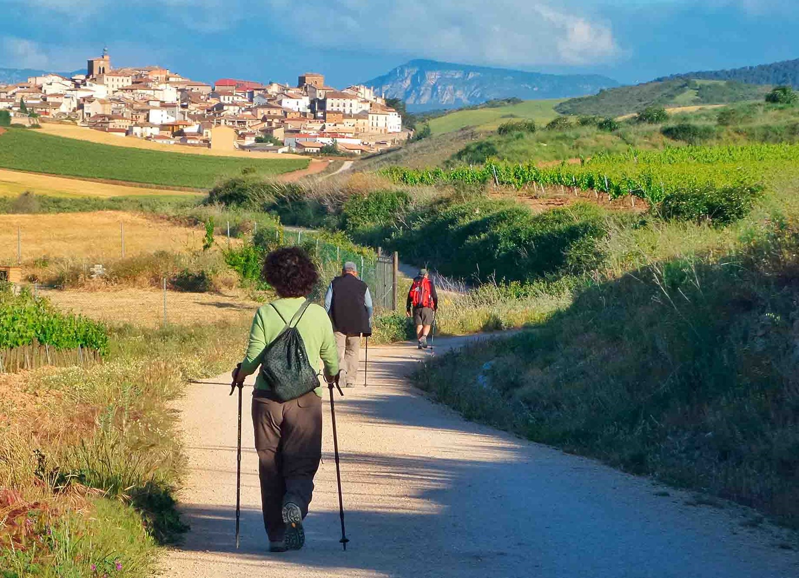 Vandrere i et spansk landskab med en by i baggrunden.