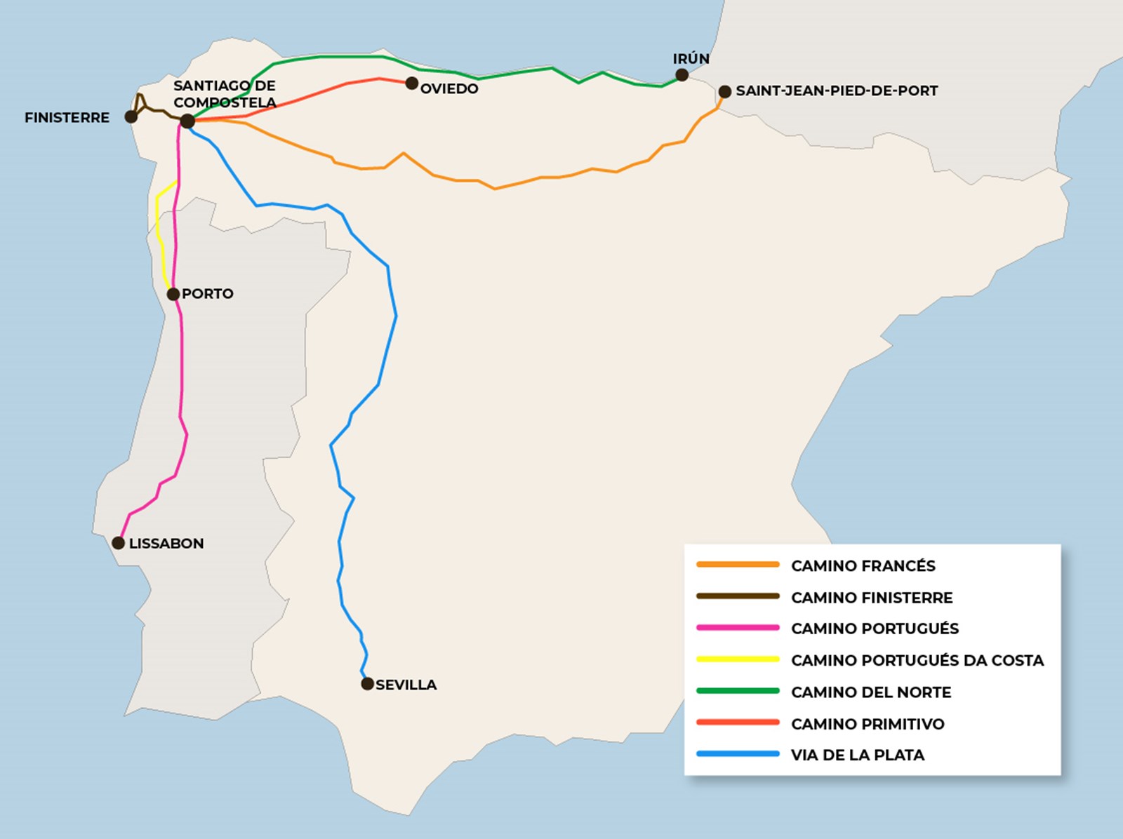 Kort over Camino ruterne.