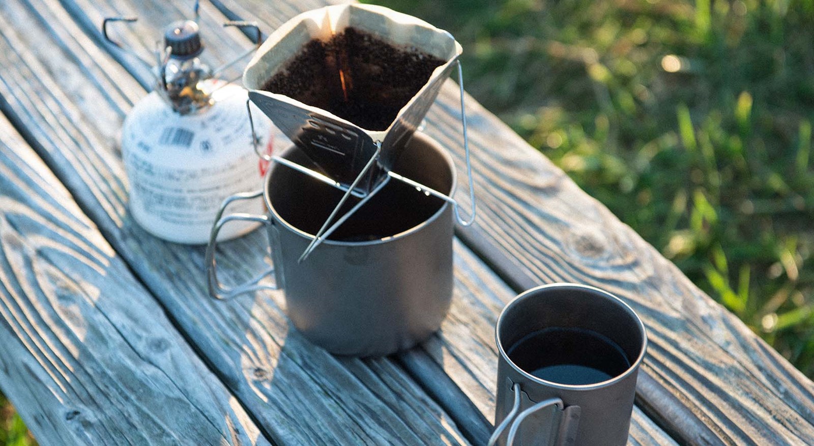 Snow Peak titaniumskopper og pour over.