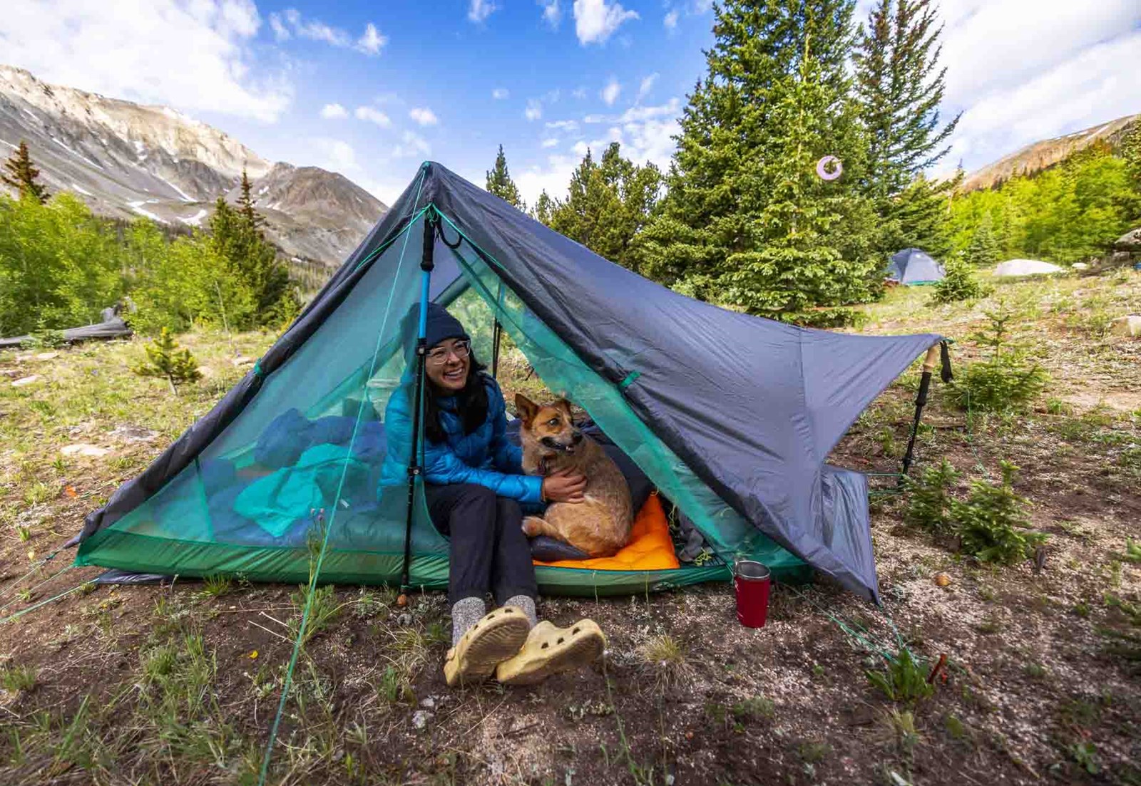 Person og hund i et Big Agnes Telt.