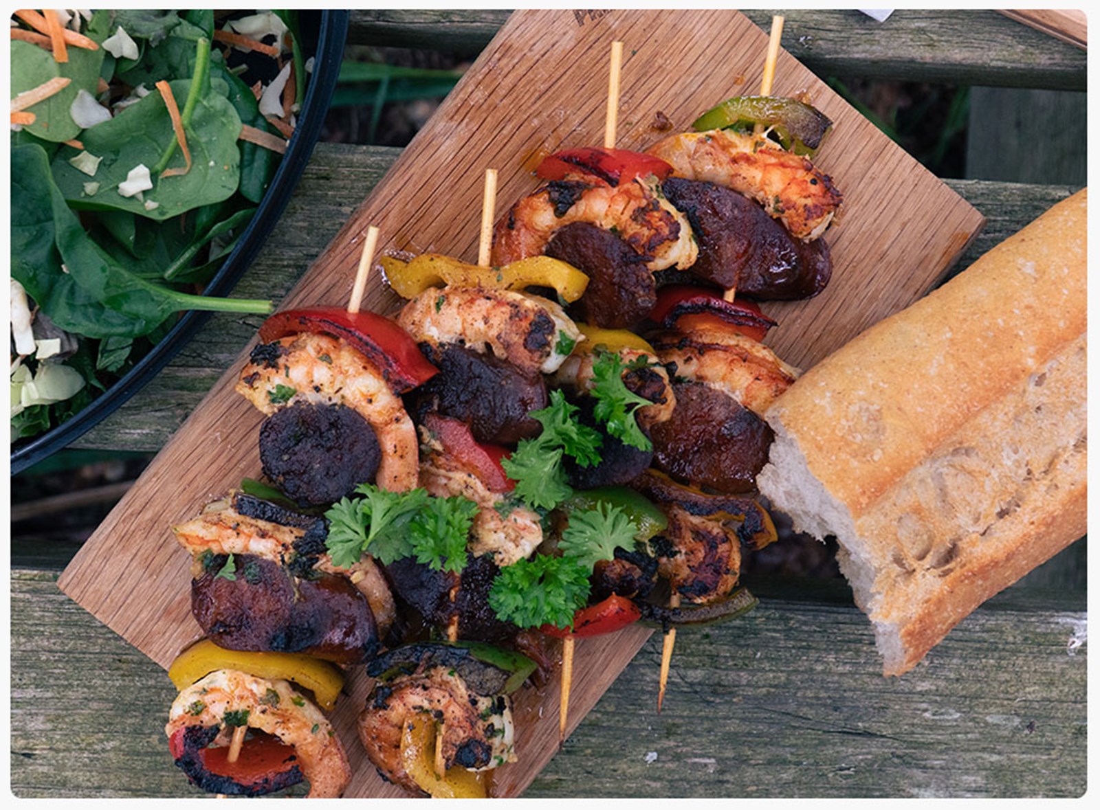 Grillspyd med rejer og chorizo