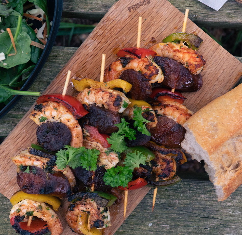Grillspyd med rejer og chorizo